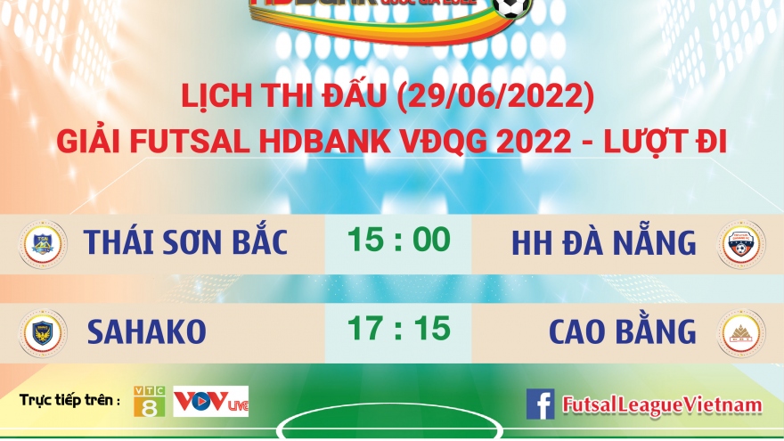 Lịch thi đấu Futsal HDBank VĐQG 2022 hôm nay 29/6